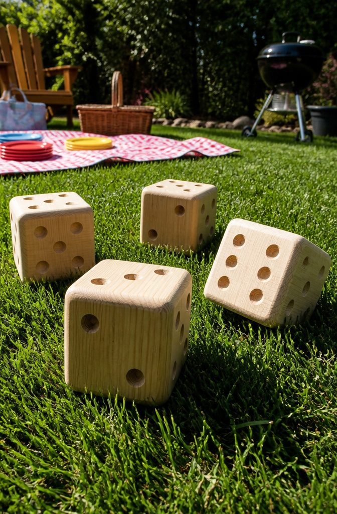 How to Make DIY Homemade Crafts: 16 Easy Project Ideas 5 Wooden yard dice displayed on a table with grass in the background.