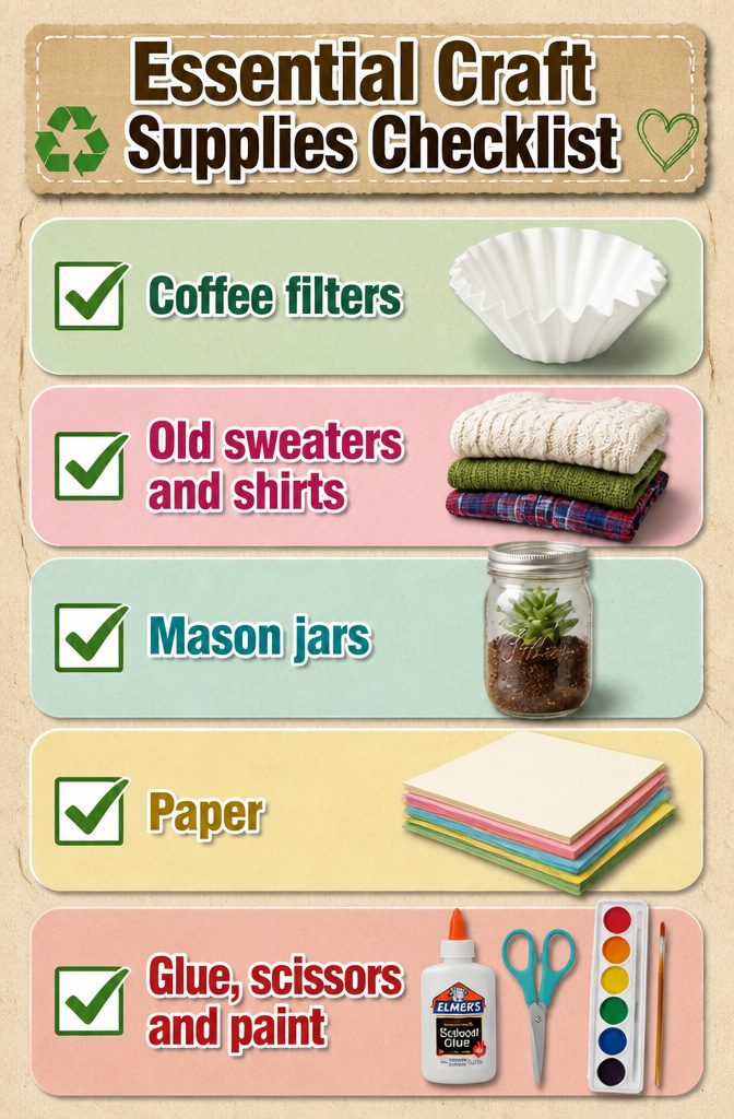 How to Make DIY Homemade Crafts: 16 Easy Project Ideas 18 Checklist of everyday materials like coffee filters, mason jars, and old fabric.