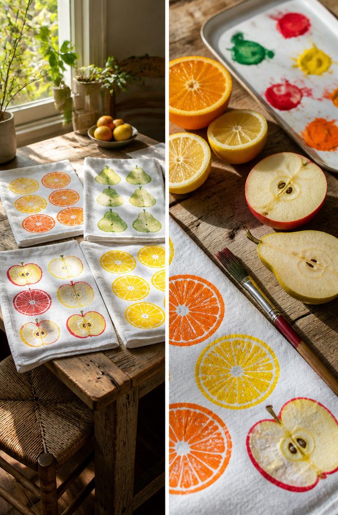 How to Make DIY Homemade Crafts: 16 Easy Project Ideas 13 Tea towels featuring fruit-stamped designs in bright colors.