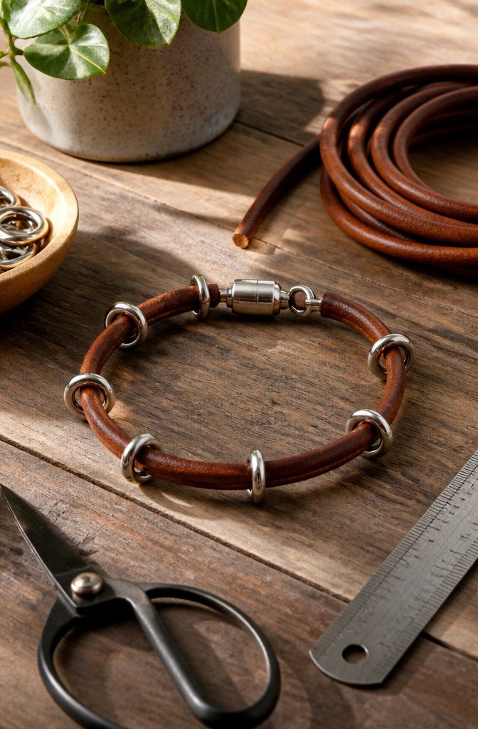 How to Make DIY Homemade Crafts: 16 Easy Project Ideas 6 Leather O-ring bracelet featuring metal rings on a textured wooden background.