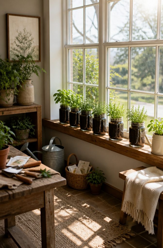 How to Make DIY Homemade Crafts: 16 Easy Project Ideas 3 Mason jars containing small herb plants with labels on a windowsill.