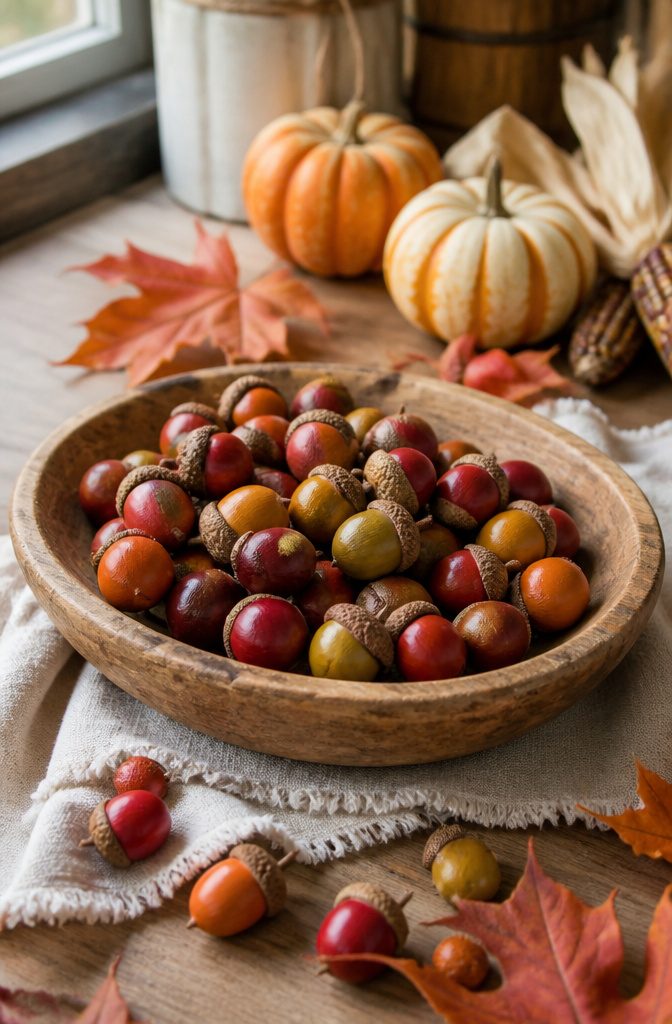 How to Make DIY Homemade Crafts: 16 Easy Project Ideas 2 Painted acorns displayed in a wooden bowl on a linen cloth.