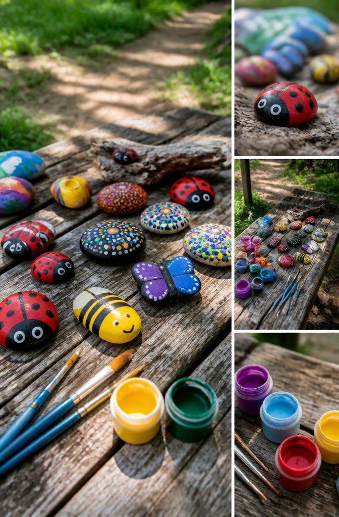 How to Make DIY Homemade Crafts: 16 Easy Project Ideas 8 Various painted rocks showcasing colorful designs and encouraging words.
