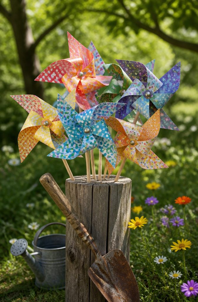 How to Make DIY Homemade Crafts: 16 Easy Project Ideas 14 Homemade paper pinwheels in various colors displayed on a table.