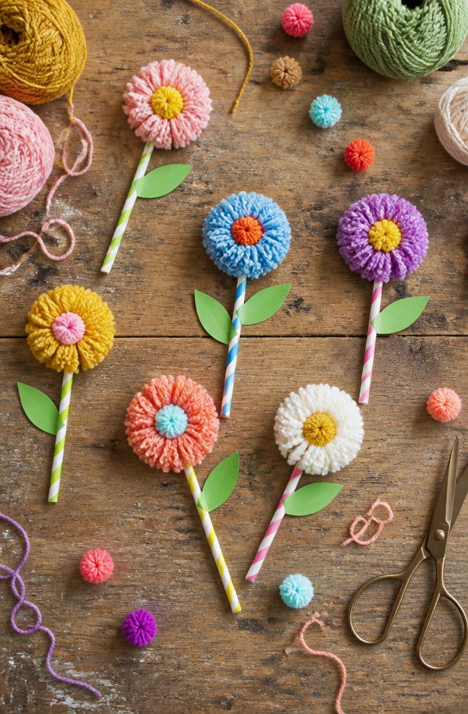 How to Make DIY Homemade Crafts: 16 Easy Project Ideas 4 Various pom pom flowers crafted from yarn in vibrant colors.