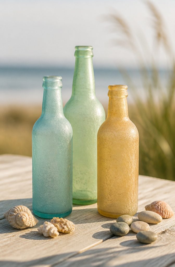 How to Make DIY Homemade Crafts: 16 Easy Project Ideas 7 Sea glass bottles displayed together with soft, frosted finishes.