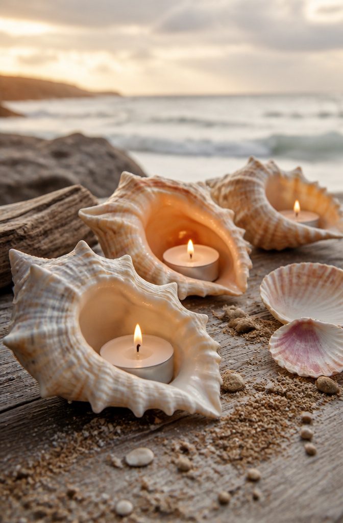 How to Make DIY Homemade Crafts: 16 Easy Project Ideas 9 Tealight candles placed inside decorative seashells on a table.