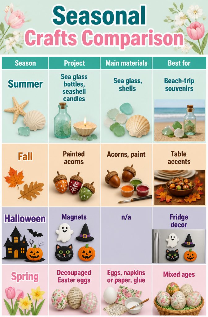 How to Make DIY Homemade Crafts: 16 Easy Project Ideas 17 Seasonal crafts comparison chart showing projects for summer, fall, Halloween, and spring.
