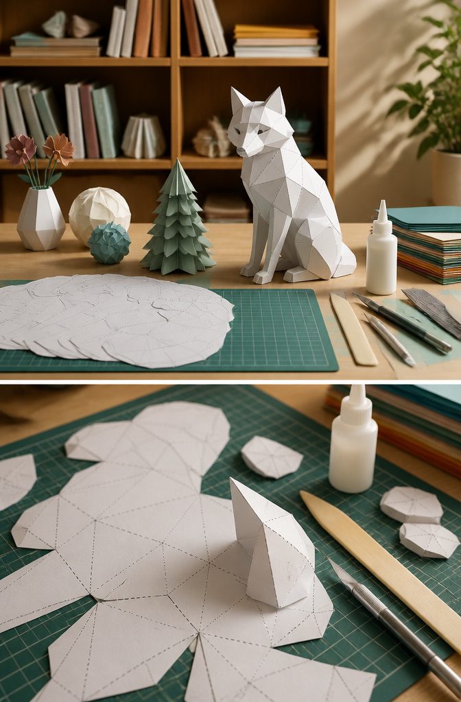 3D paper models created from pre-cut templates and adhesive.