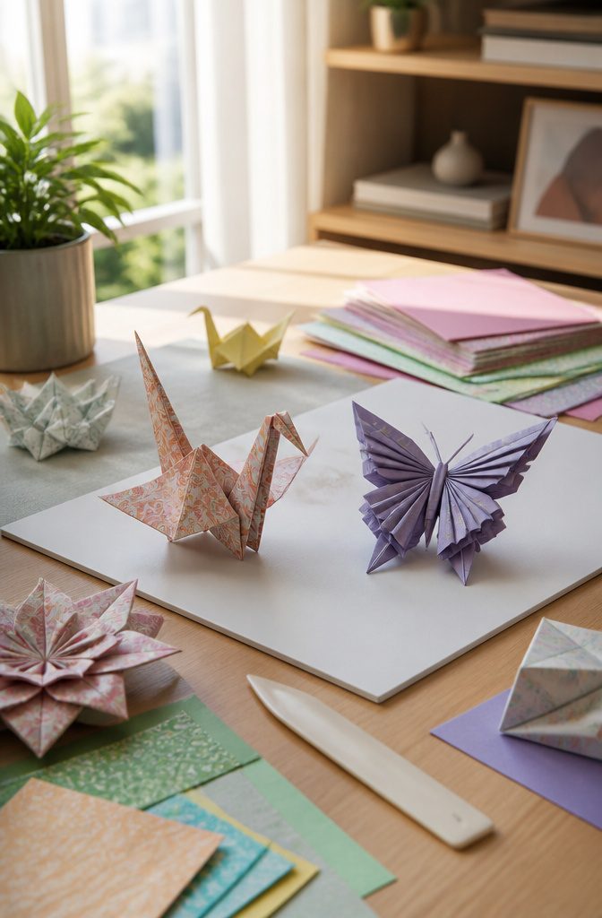 Folded origami models including a crane and butterfly on a craft mat.