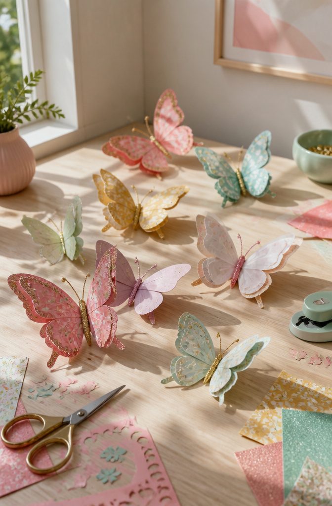 Colorful paper butterflies arranged in a flight pattern on a light surface.