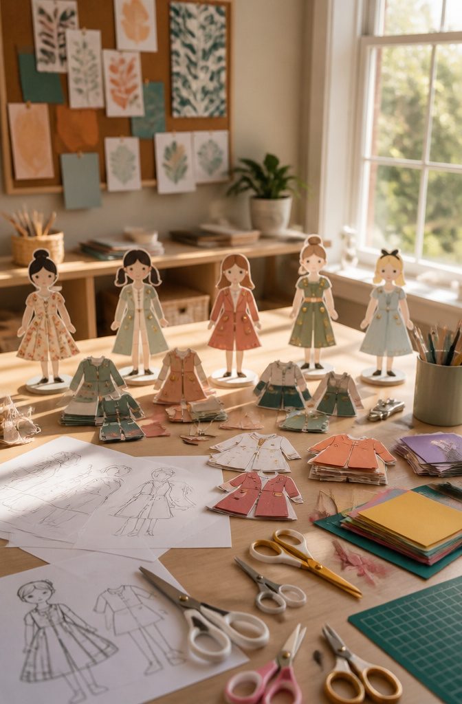 Intricately cut paper dolls displayed with various clothing options.
