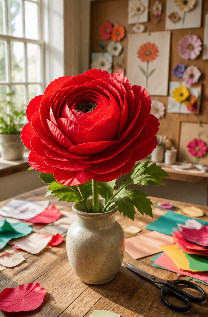 Colorful paper flowers crafted from cardstock and tissue paper.
