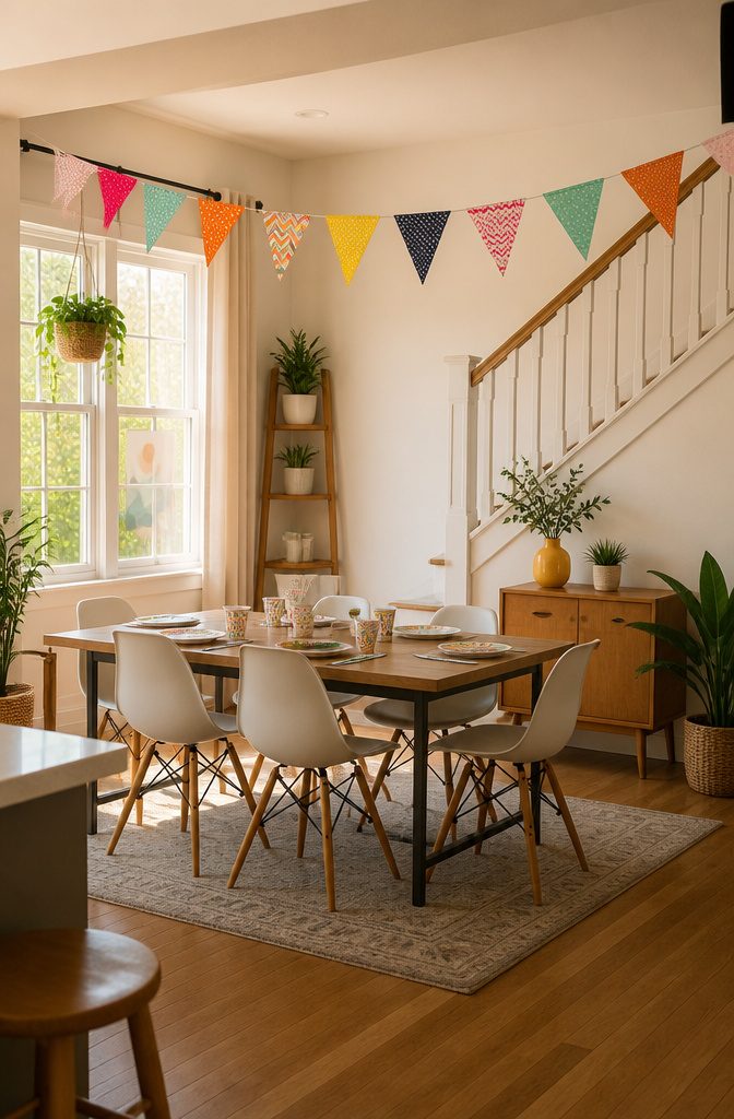 Colorful paper garland made from cardstock triangles and twine.