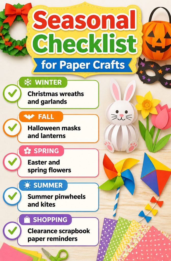 Checklist for seasonal paper crafts organized by holiday and month.