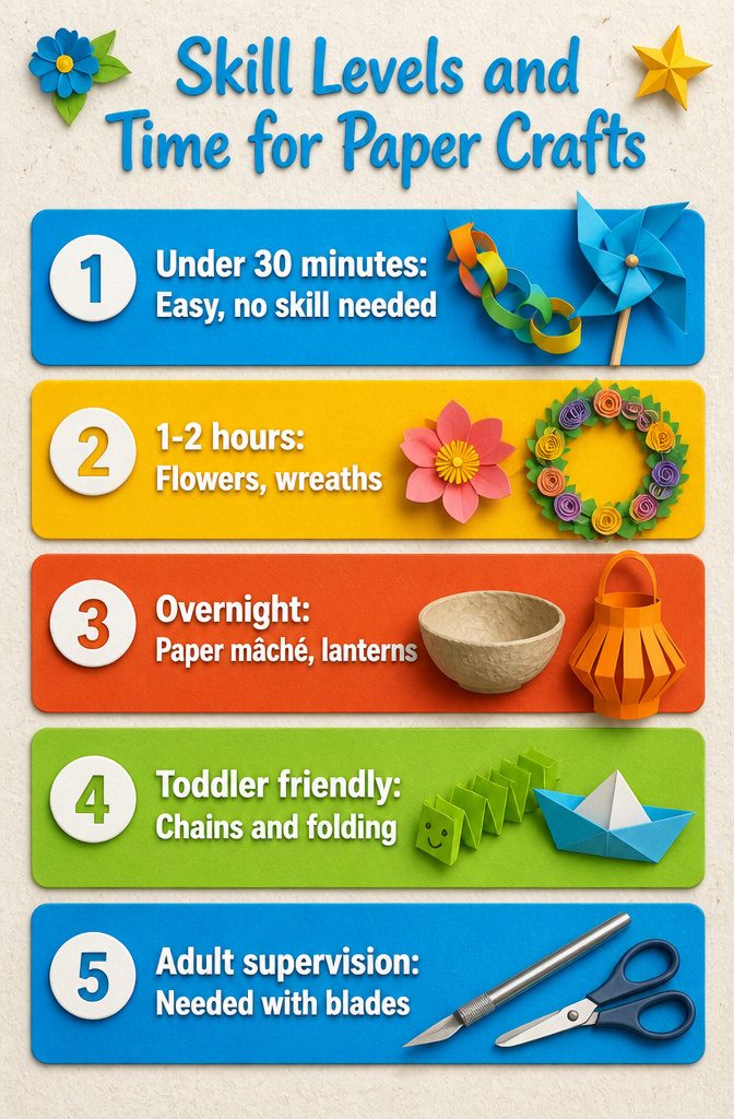 Information graphic showing skill levels and time for different paper crafts.