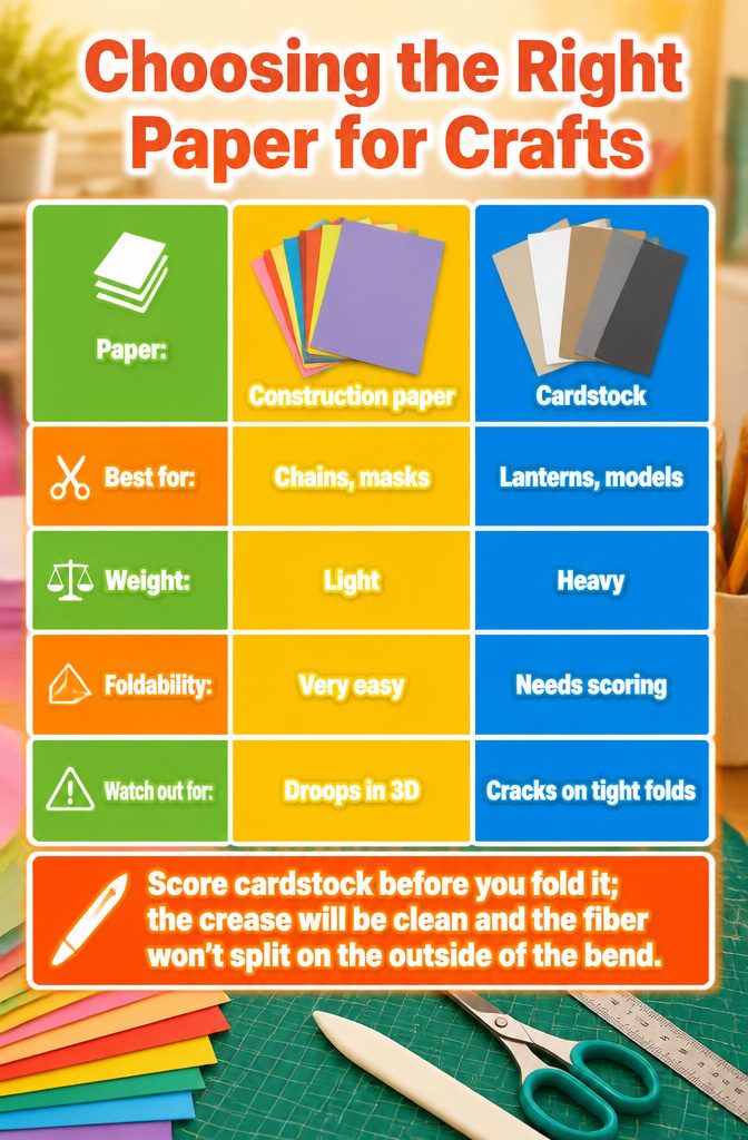 Chart comparing different types of paper and their best uses in crafts.