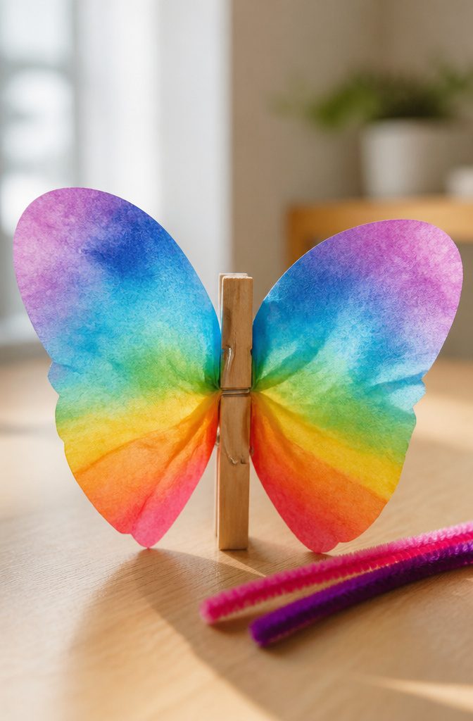 DIY Rainbow Craft Project Ideas for Kids and Families 15 Butterfly made from a clothespin and colored coffee filter wings.