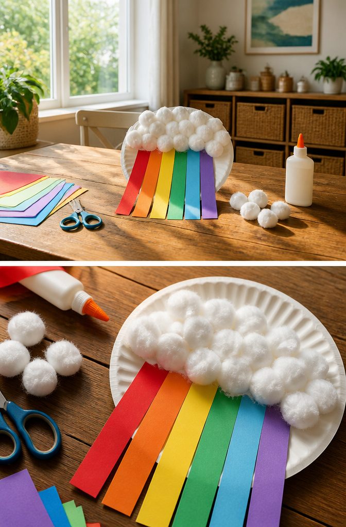 DIY Rainbow Craft Project Ideas for Kids and Families 20 Fluffy cotton balls glued to a paper plate with rainbow strips.