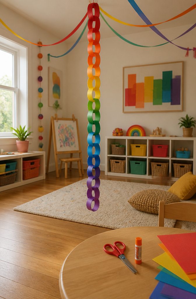 DIY Rainbow Craft Project Ideas for Kids and Families 8 Colorful paper strips linked to form a rainbow paper chain.