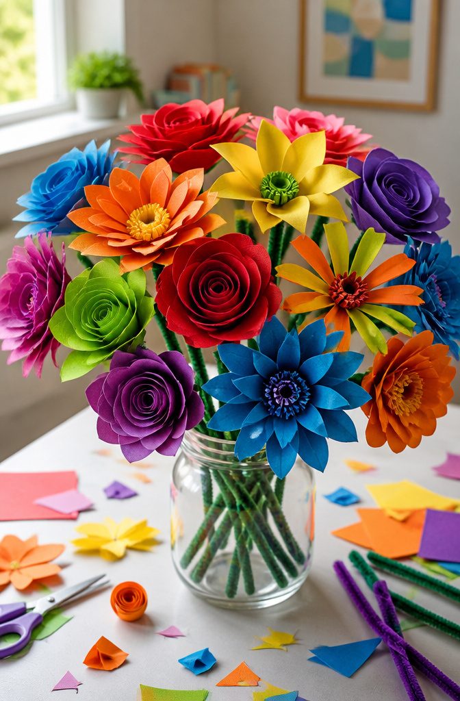 DIY Rainbow Craft Project Ideas for Kids and Families 19 Colorful paper flowers created from rolled and layered paper shapes.