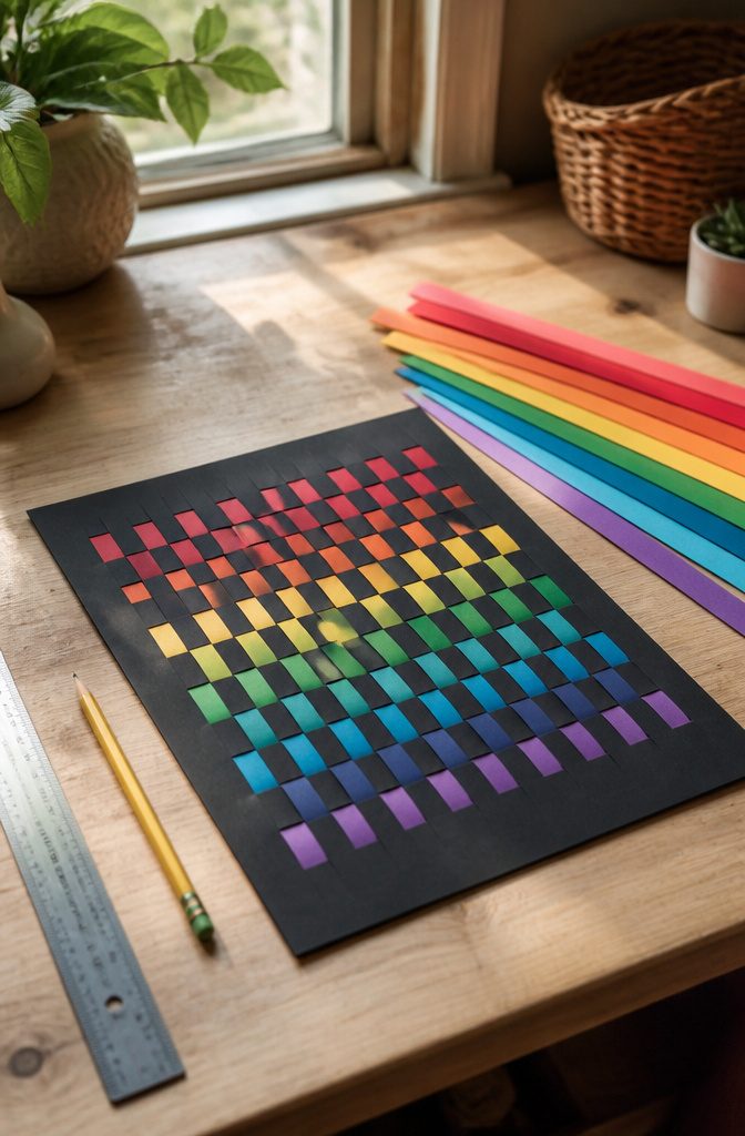 DIY Rainbow Craft Project Ideas for Kids and Families 4 Colorful woven strips on a black background in a rainbow pattern.