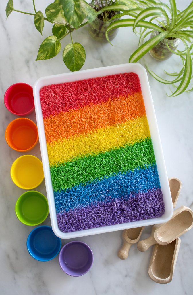 DIY Rainbow Craft Project Ideas for Kids and Families 5 Colored rice in a shallow bin, prepared for sensory play.
