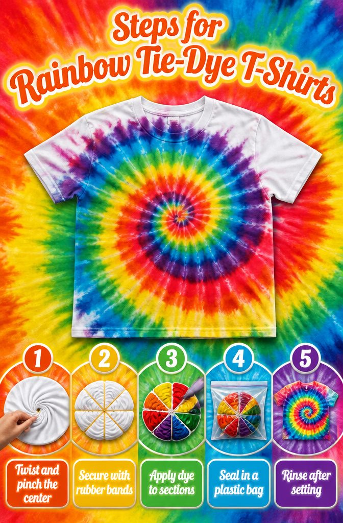 DIY Rainbow Craft Project Ideas for Kids and Families 11 Instructions for creating rainbow tie-dye t-shirts.