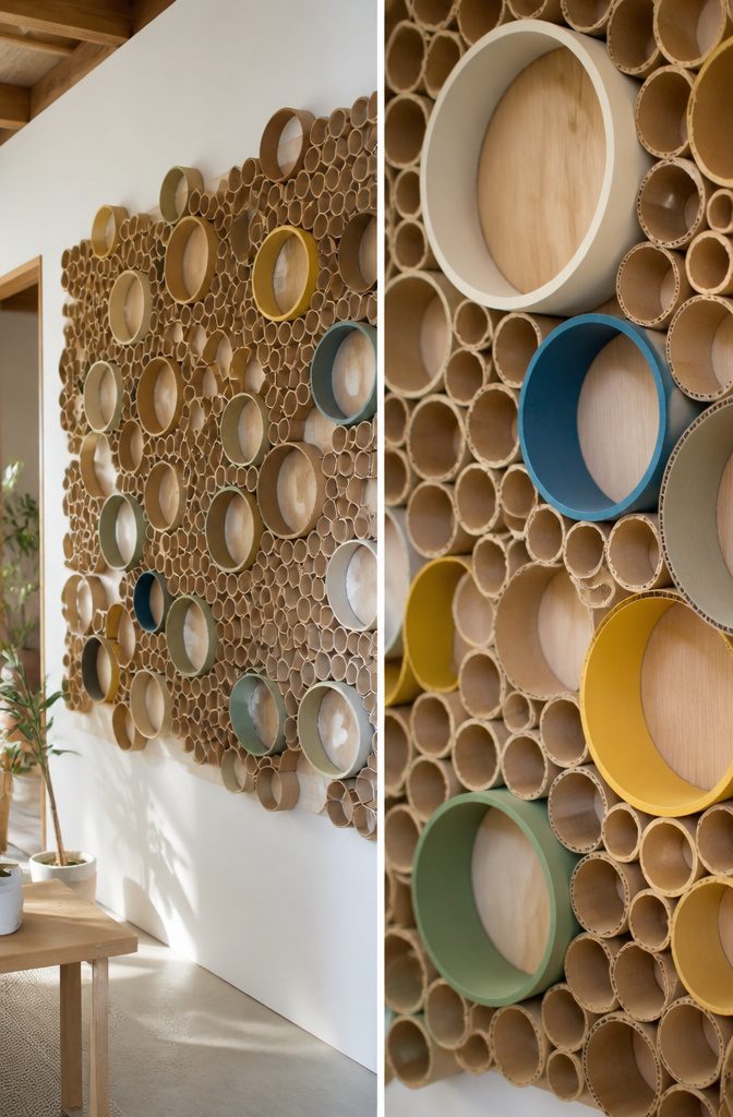 10 DIY Room Decor Cardboard Ideas for Your Home and Garden 1 A close-up of cardboard tube wall art made from cut rings.