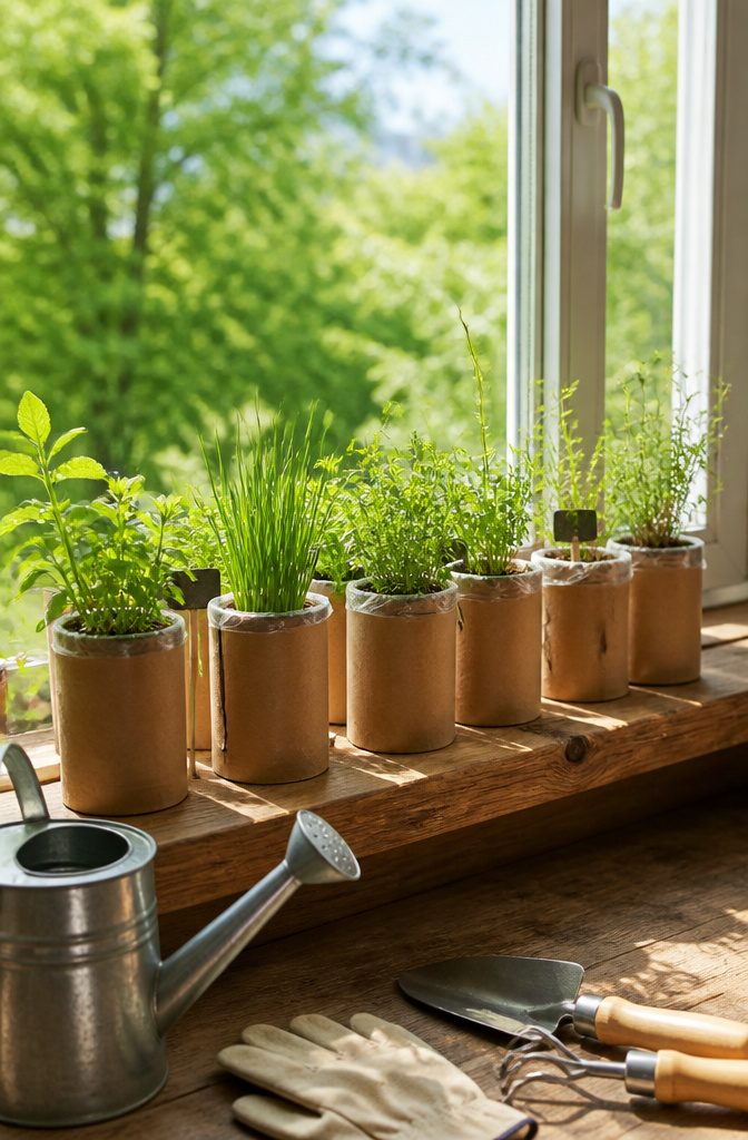 10 DIY Room Decor Cardboard Ideas for Your Home and Garden 6 Cardboard tubes used as herb planters on a windowsill.