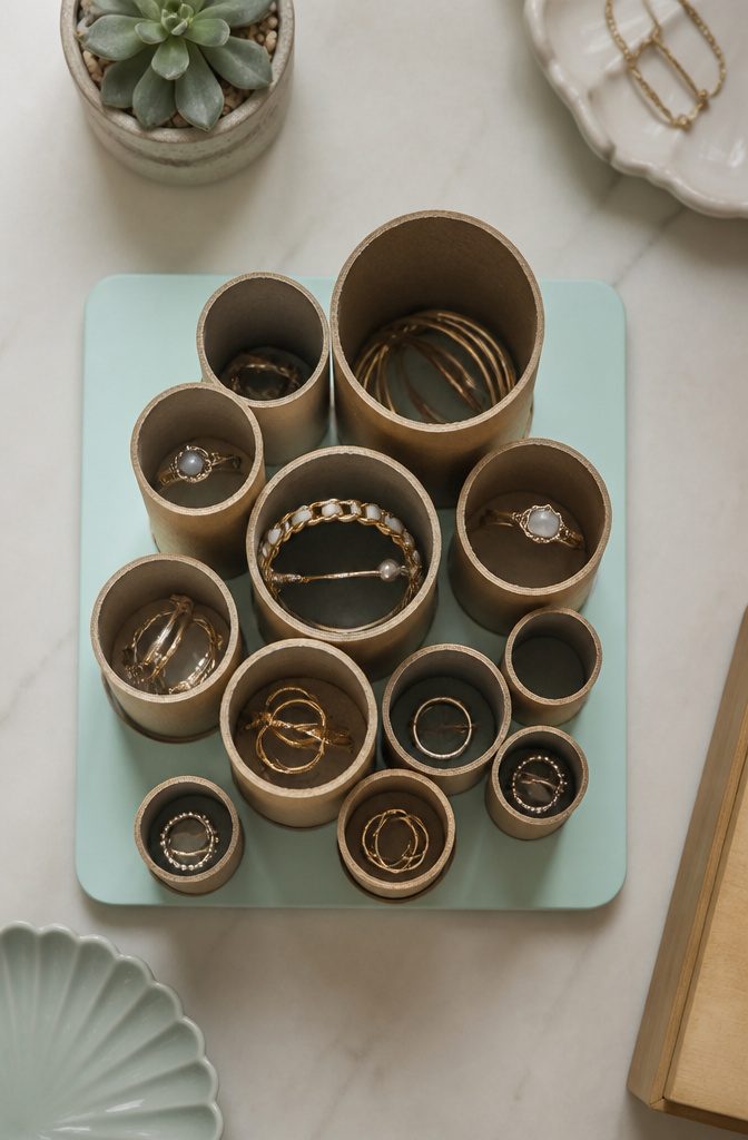 10 DIY Room Decor Cardboard Ideas for Your Home and Garden 3 A cluster of cardboard tubes serving as a jewellery organiser.
