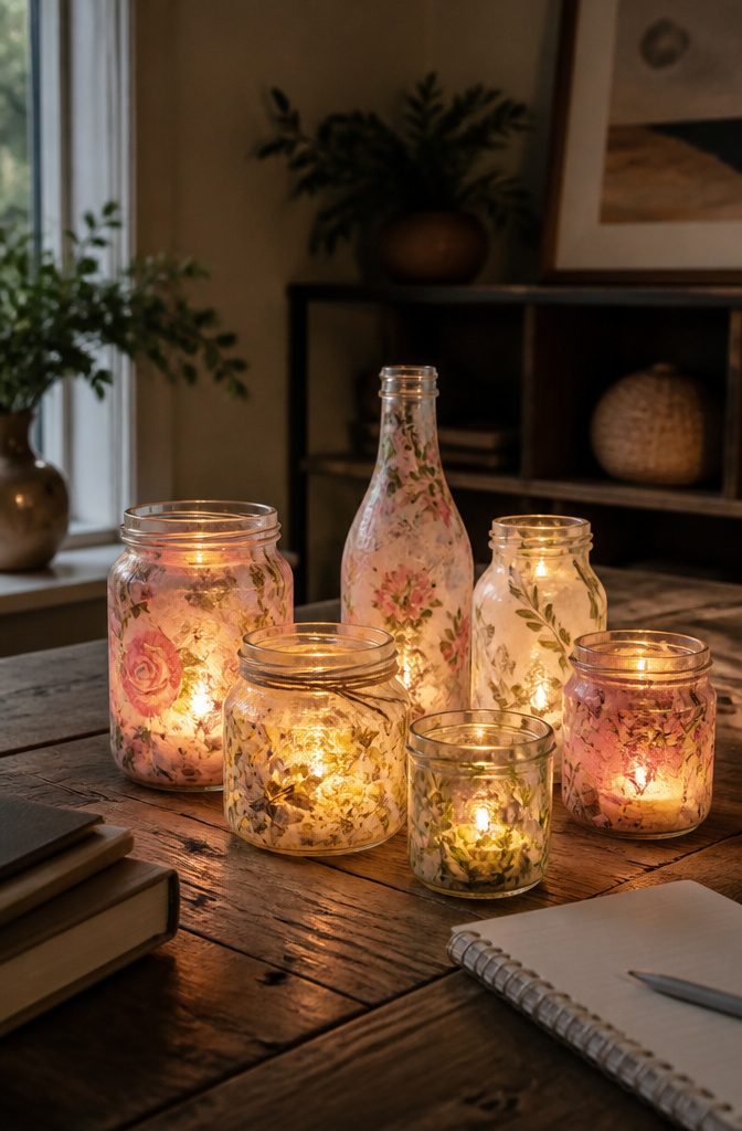 20 DIY Room Stuff Ideas to Refresh Your Space in 2026 16 Decorated glass jars used as candle holders on a table.
