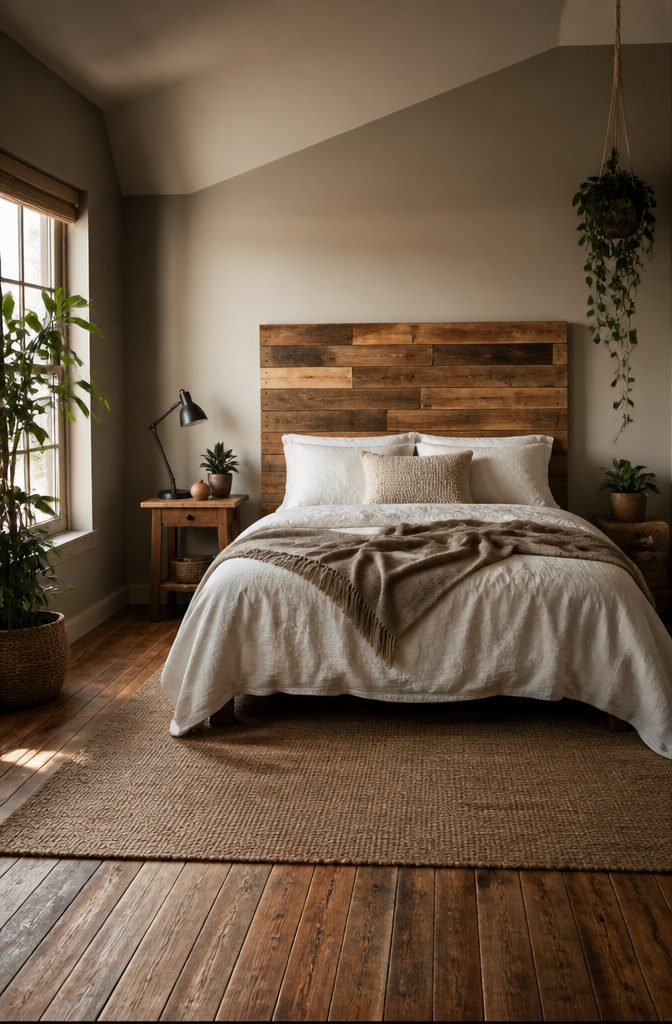 20 DIY Room Stuff Ideas to Refresh Your Space in 2026 12 Wooden pallet panels used as a headboard behind a bed.