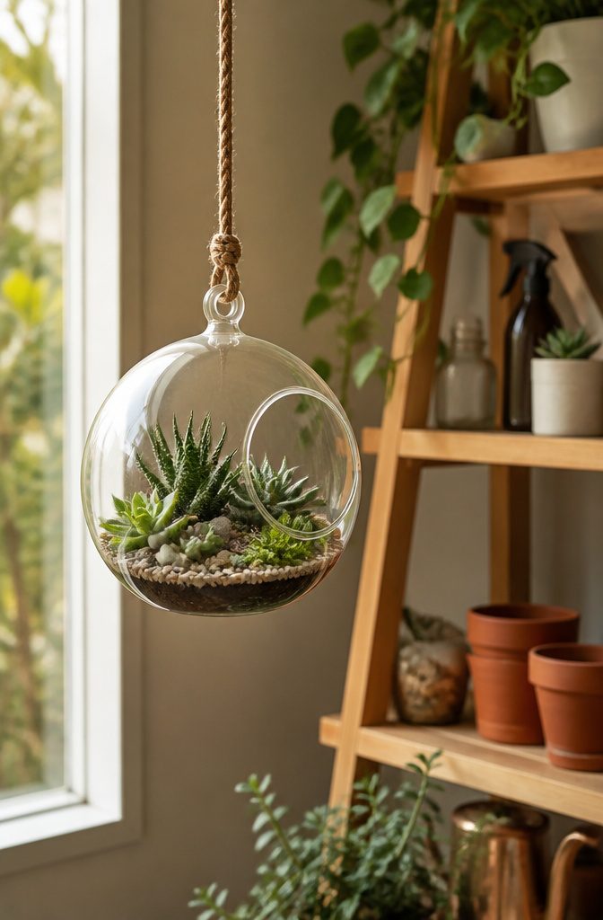 20 DIY Room Stuff Ideas to Refresh Your Space in 2026 14 A glass terrarium hanging with plants inside.