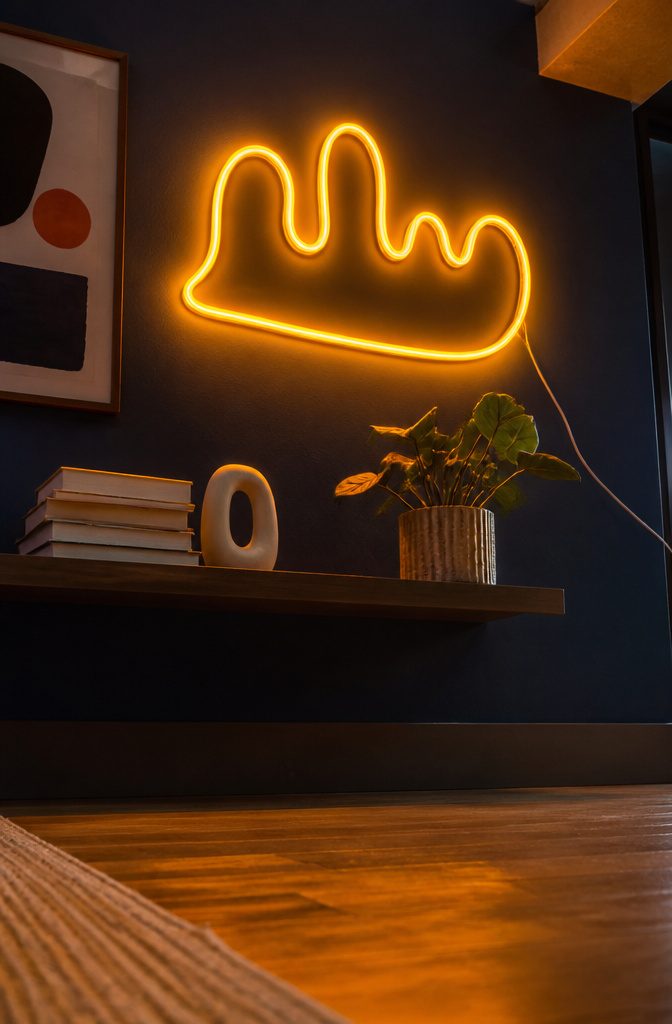 20 DIY Room Stuff Ideas to Refresh Your Space in 2026 13 LED strip lights shaped into a word on a backing board.