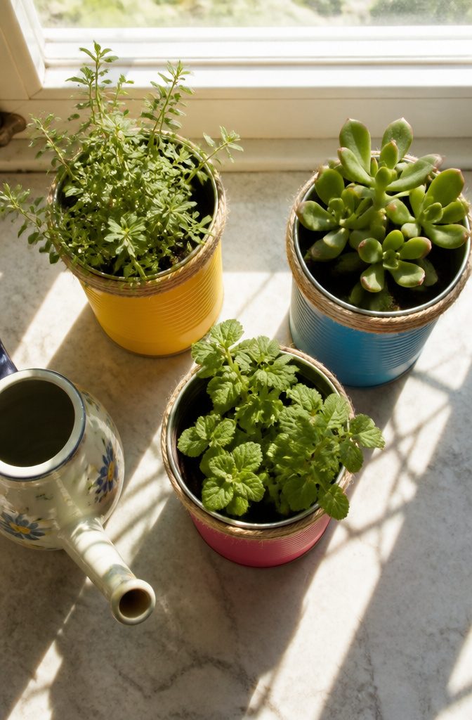 20 DIY Room Stuff Ideas to Refresh Your Space in 2026 10 Tin cans painted and used as planters for small plants.