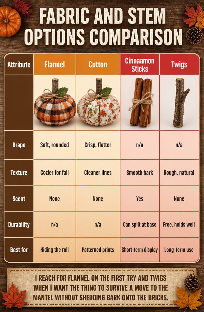 Comparison chart of flannel, cotton, cinnamon sticks, and twigs.