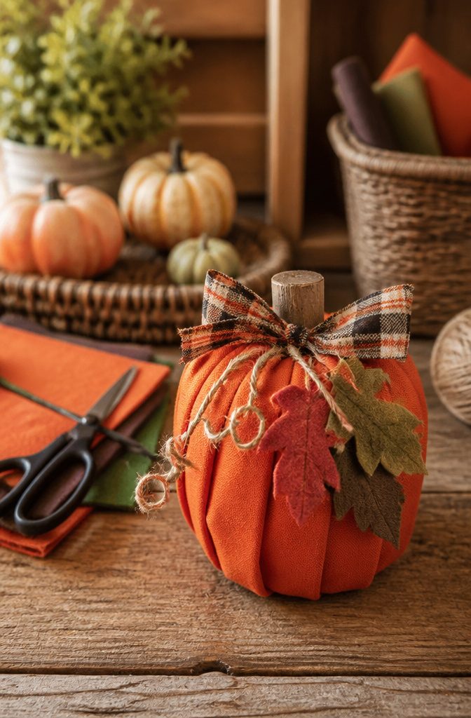 Completed pumpkin with plaid ribbon, fabric leaves, and jute twine.