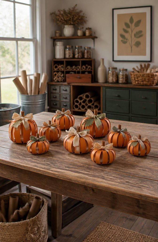 A crafting space with a toilet paper roll pumpkin and materials scattered.