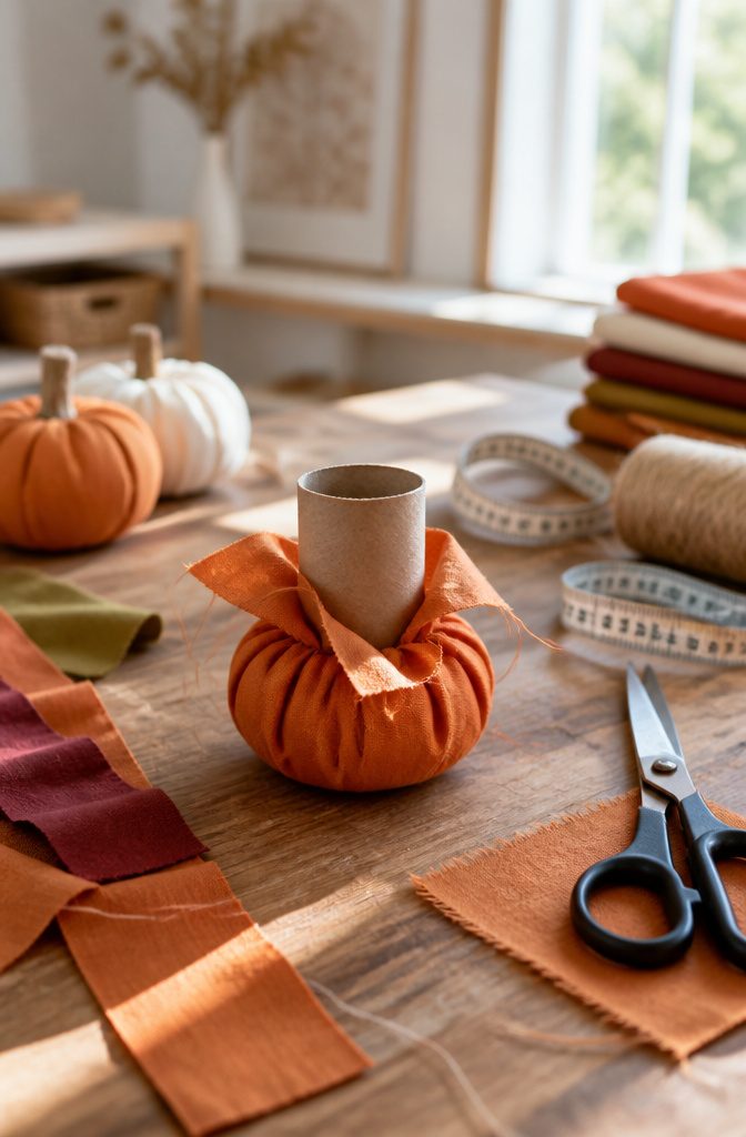 Toilet paper roll wrapped in orange fabric with scattered crafting materials.