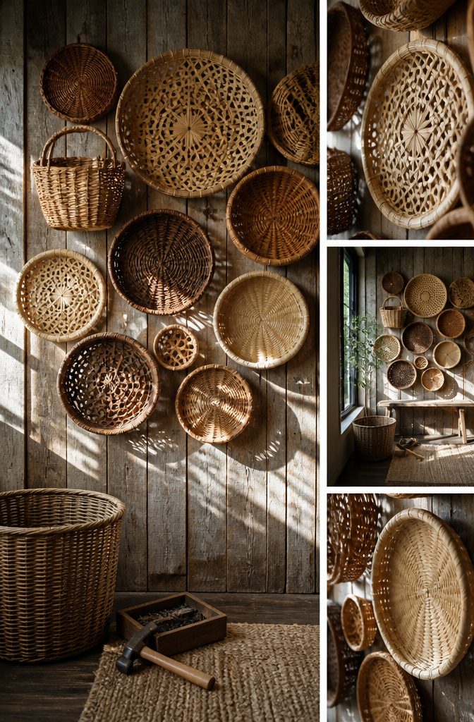 25 DIY Wall Decor Ideas: Easy Projects for Any Room 5 Various baskets arranged on a wall for decoration.