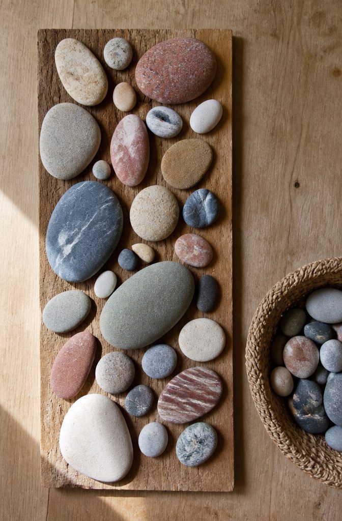 25 DIY Wall Decor Ideas: Easy Projects for Any Room 14 Various beach stones creatively arranged on a wall.