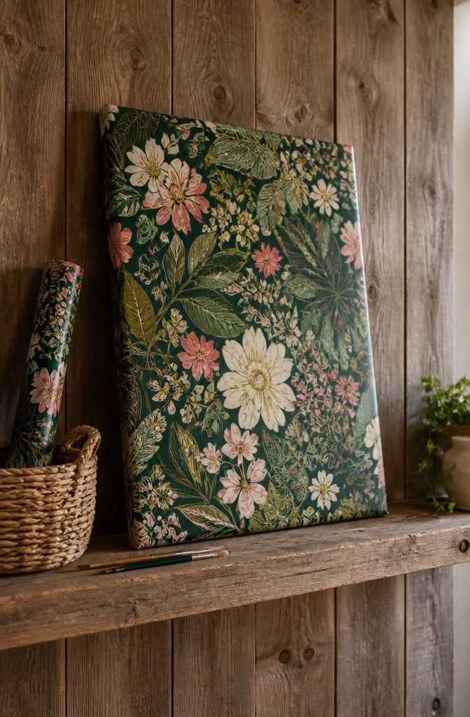 25 DIY Wall Decor Ideas: Easy Projects for Any Room 3 A canvas displaying botanical wrapping paper on a shelf.
