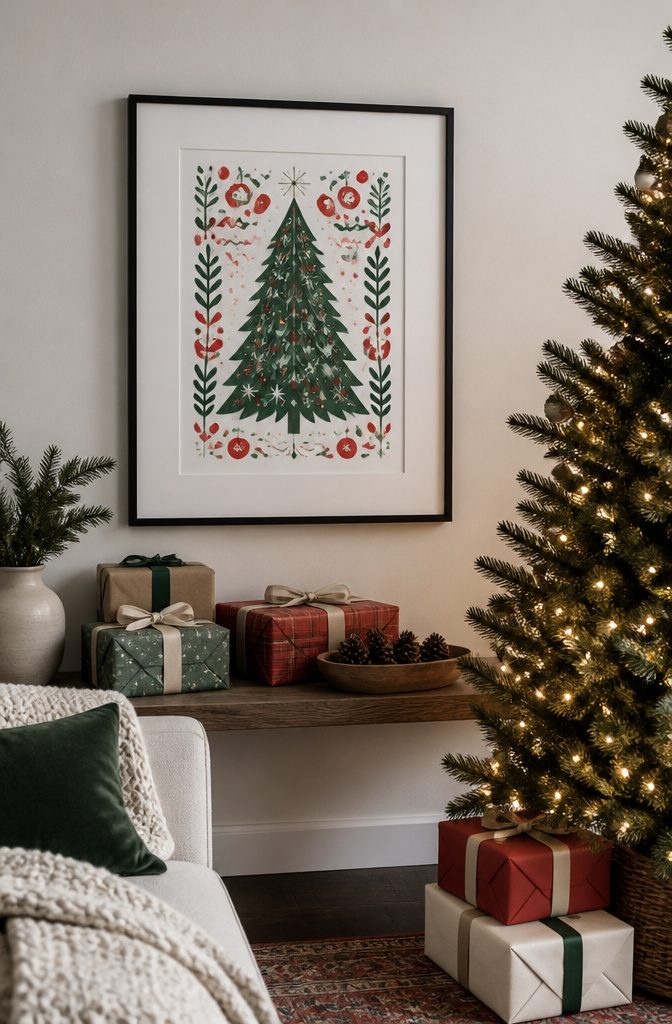 25 DIY Wall Decor Ideas: Easy Projects for Any Room 20 A holiday-themed print framed against a white background.