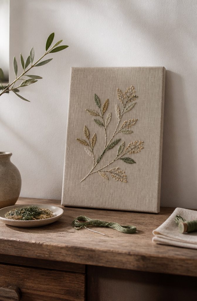 25 DIY Wall Decor Ideas: Easy Projects for Any Room 11 An embroidered design on a stretched canvas.