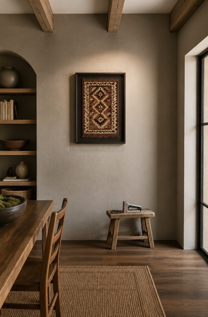 25 DIY Wall Decor Ideas: Easy Projects for Any Room 4 A flat-woven rug displayed in a wooden frame.