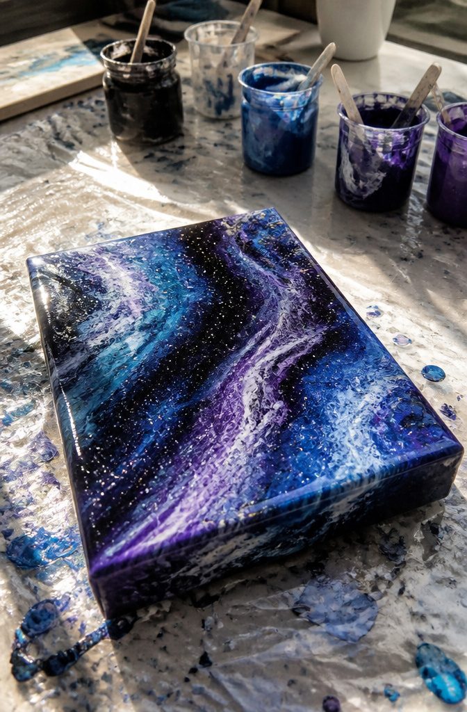 25 DIY Wall Decor Ideas: Easy Projects for Any Room 12 A canvas with galaxy-themed epoxy resin art.