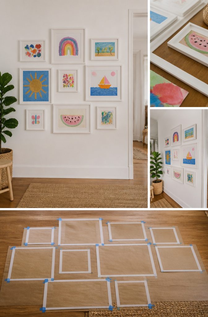 25 DIY Wall Decor Ideas: Easy Projects for Any Room 22 Various children's art framed and hung on a wall.