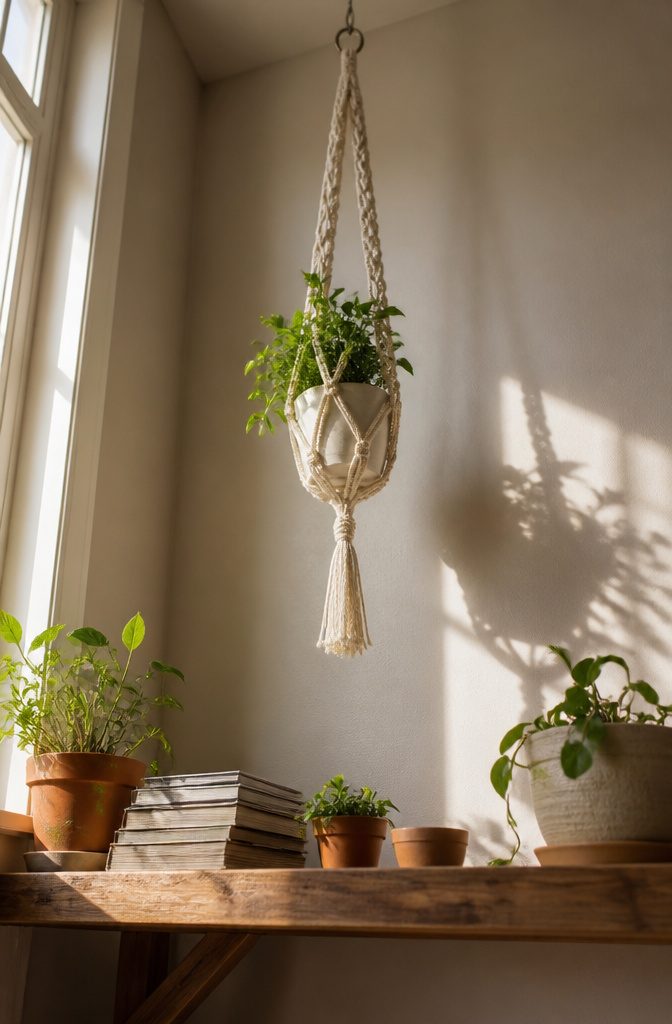 25 DIY Wall Decor Ideas: Easy Projects for Any Room 7 A macramé plant hanger holding a pot with plants.