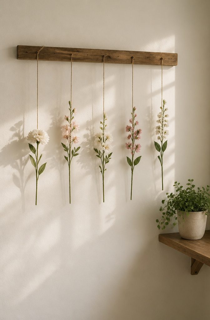 25 DIY Wall Decor Ideas: Easy Projects for Any Room 6 A simple hanger with spaced faux flowers on a wall.